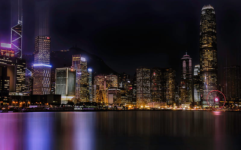 Hong Kong, Two International Finance Centre, night, skyscrapers, cityscape, night lights, China, HD wallpaper