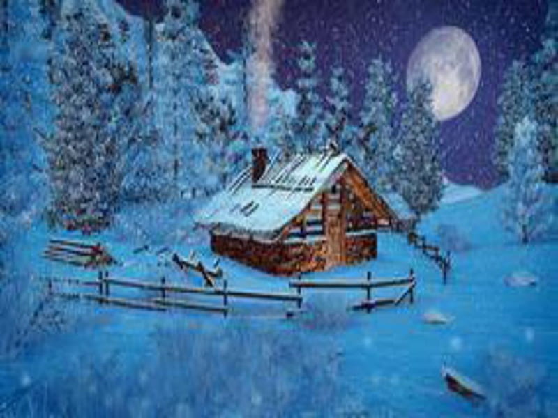 Winter Night, Winter forest, Snow at ight, Little cabin, Full moon, HD wallpaper
