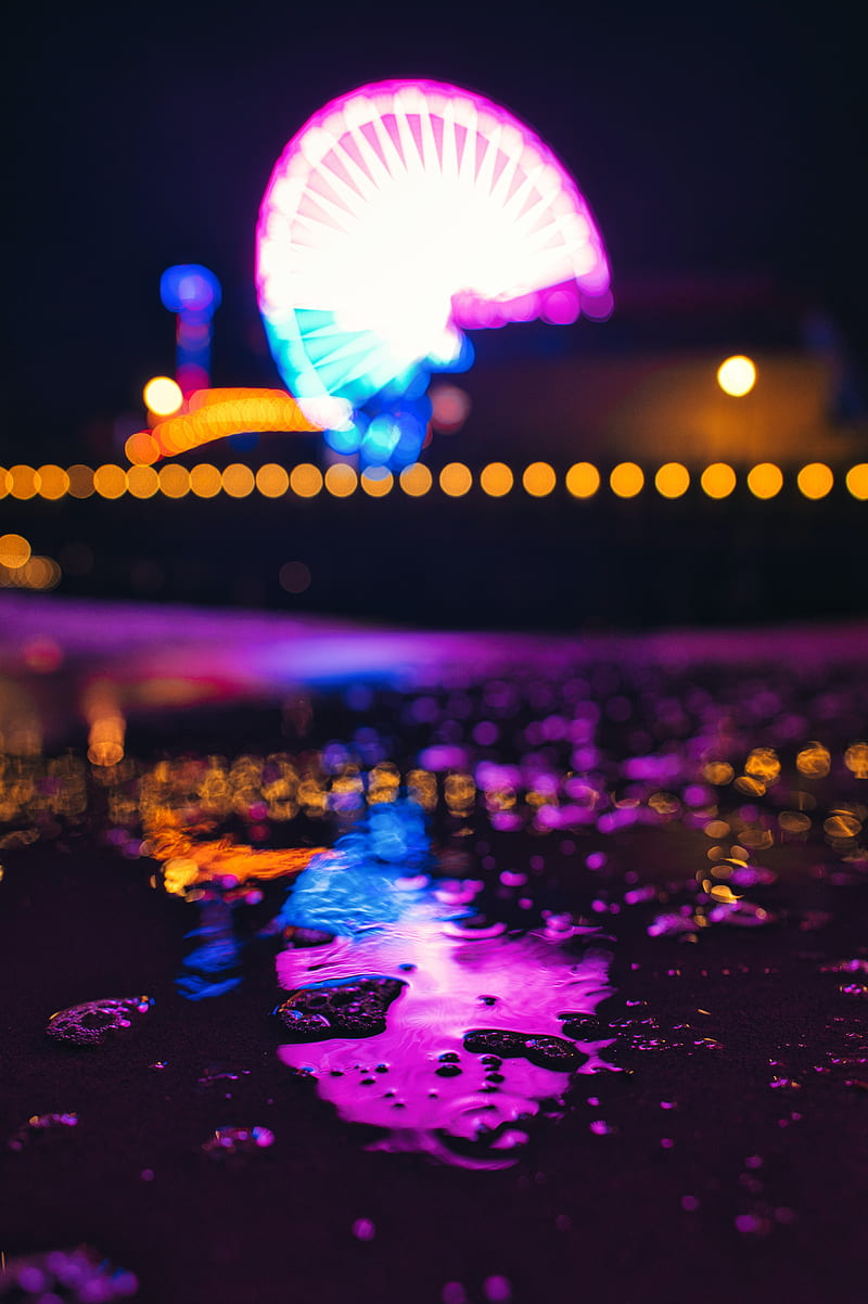 puddle, neon, reflection, ferris wheel, lights, blur, HD phone wallpaper