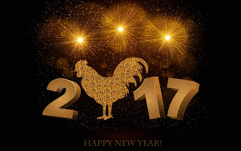 Happy New Year!, rooster, fireworks, golden, black, zodiac, new year, chinese, card, HD wallpaper