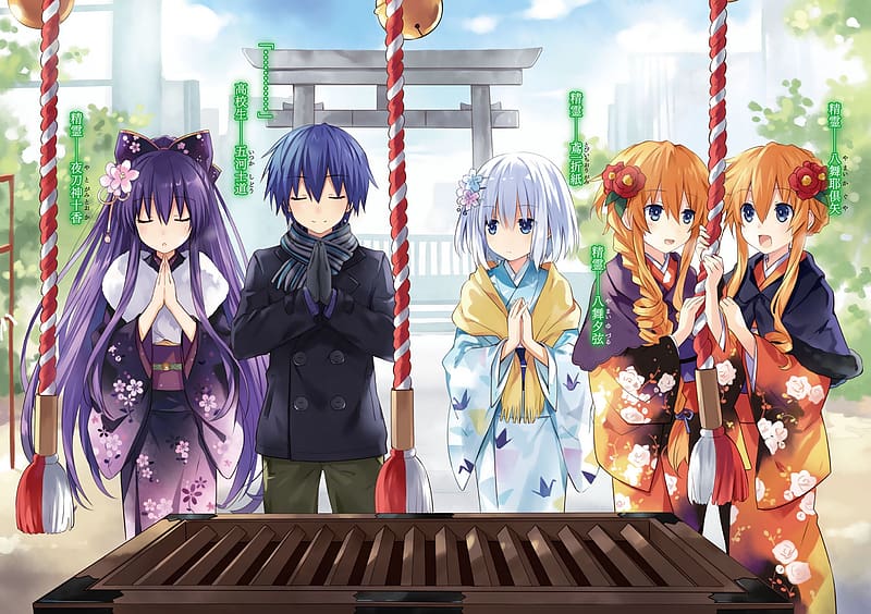Anime, Torii, Shrine, Date A Live, Tohka Yatogami, Origami Tobiichi, Shido Itsuka, Yuzuru Yamai, Kaguya Yamai, HD wallpaper