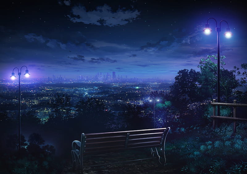 View of city at night, monorisu, luminos, bench, manga, fantasy, city, anime, light, night, HD wallpaper
