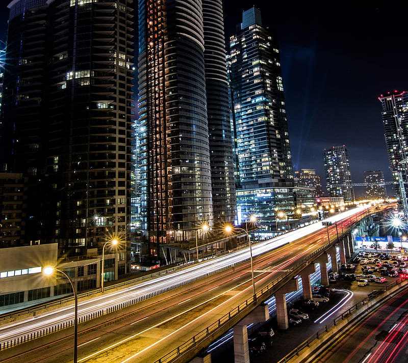 Flow of Night, carros, city, lights, road, toronto, traffic, HD wallpaper