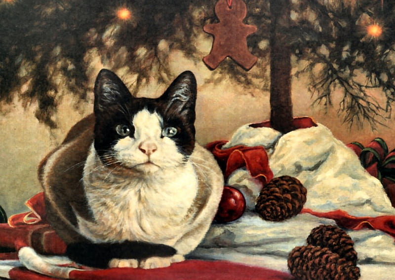 Gingerbread Cat F, Christmas, art, holiday, gingbread man, cat, illustration, artwork, pet, feline, wide screen, HD wallpaper