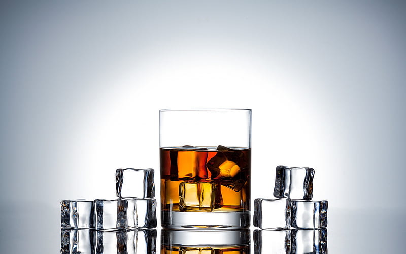 3d glass with whiskey, gray background, whiskey, 3d ice cubes, whiskey with ice, HD wallpaper