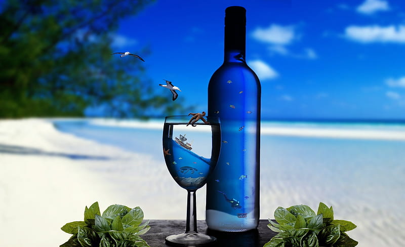Tropical refreshment, dive, ocean, sky, refreshment, leaf, beach, drink, tropical, blue, HD wallpaper