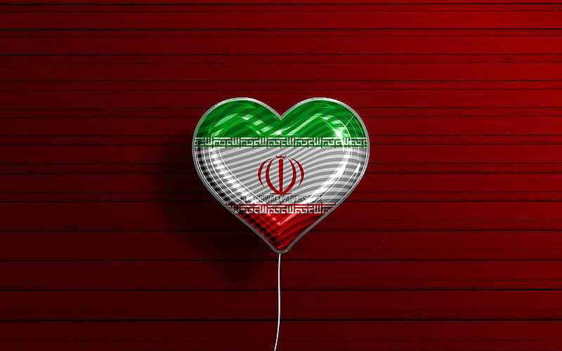 I Love Iran realistic balloons, red wooden background, Asian countries, Iranian flag heart, favorite countries, flag of Iran, balloon with flag, Iranian flag, Iran, Love Iran, HD wallpaper