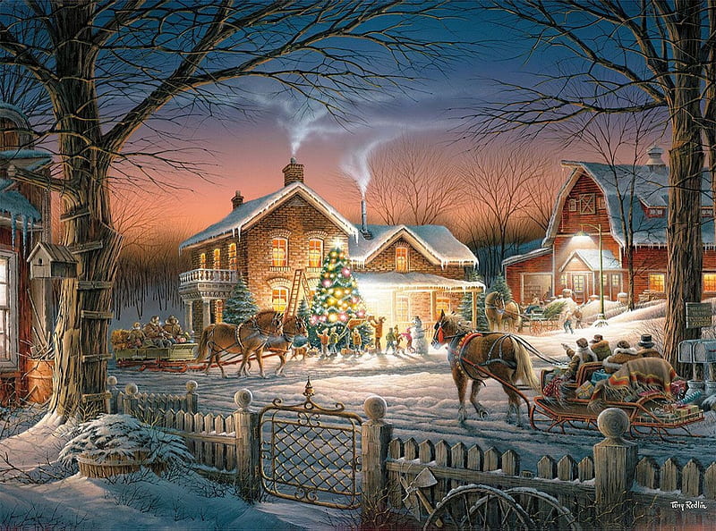 Trimming the tree, tree, craciun, christmas, painting, pictura, horse, terry redlin, art, winter, iarna, HD wallpaper