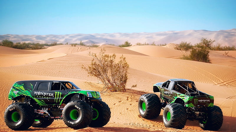 Monster Energy Trucks, trucks, desert, monster, dunes, HD wallpaper