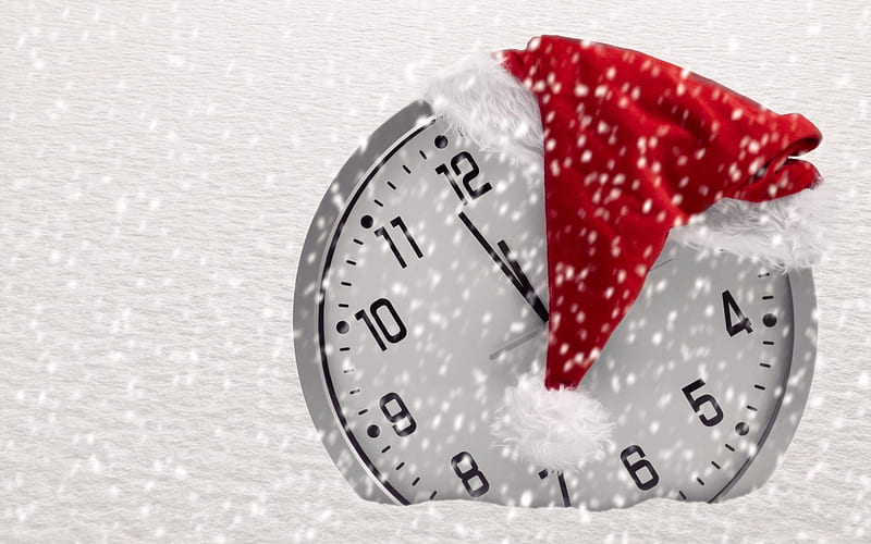 Clock, New Year, midnight, snow, time, Christmas red cap, HD wallpaper
