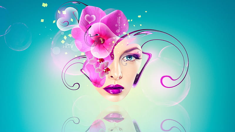 Abstract beauty, bubble, model, creative, abstract, woman, lips, tony kokhan, fantasy, girl, heart, flower, face, pink, blue, HD wallpaper