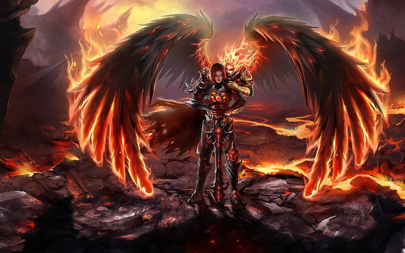 Angel of fire, fire, warrior, wings, hell, devil, artwork, angels, HD wallpaper