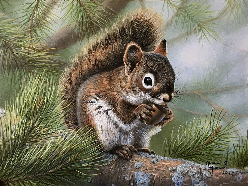 Squirrel, painting, abraham hunter, pictura, animal, art, veverita, mut, tree, green, fir, HD wallpaper