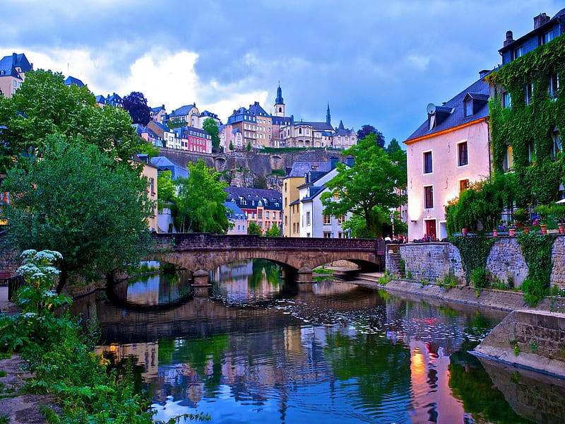 Luxembourg - old town, pretty, riverbank, bonito, old, luxembourg, mirrored, europe, nice, calm, city, bridge, green, capital, river, reflection, blue, amazing, lovely, buildings, greenery, town, sky, trees, waters, summer, crystal, nature, HD wallpaper