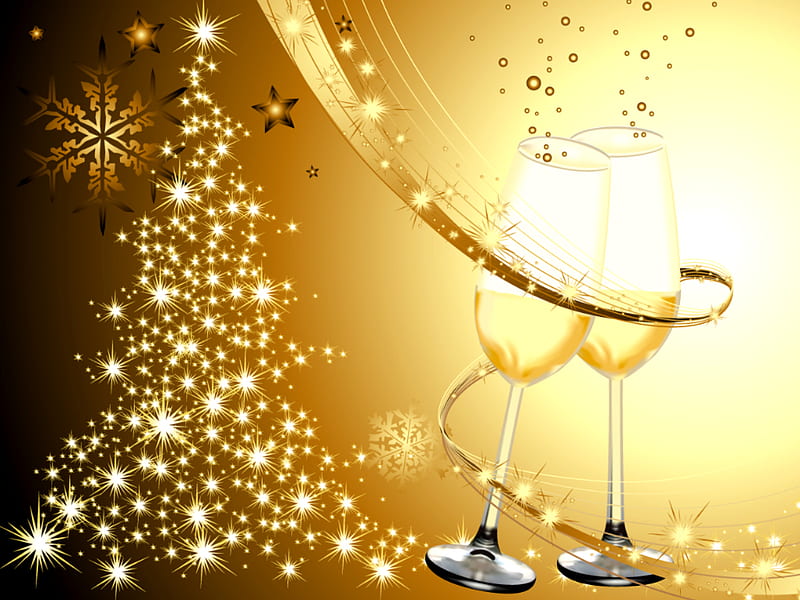 Happy New Year, pretty, christmas tree, glasses, bonito, magic, xmas, gold, magic christmas, party, beauty, lovely, holiday, christmas, wine, golden, new year, glass, merry christmas, champagne, HD wallpaper