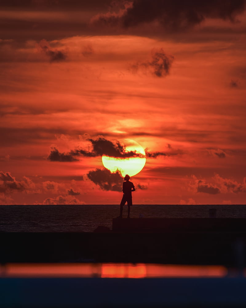 sunset, silhouette, dark, sea, dusk, HD phone wallpaper