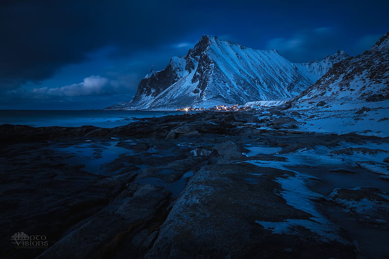 Deep blue, Sea, Shore, Lofoten, Night, Norway, Winter, Island, HD wallpaper
