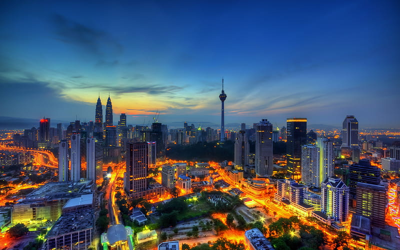 Malaysia, Kuala Lumpur, sunset, nightscapes, modern buildings, skyscrapers, Asia, HD wallpaper