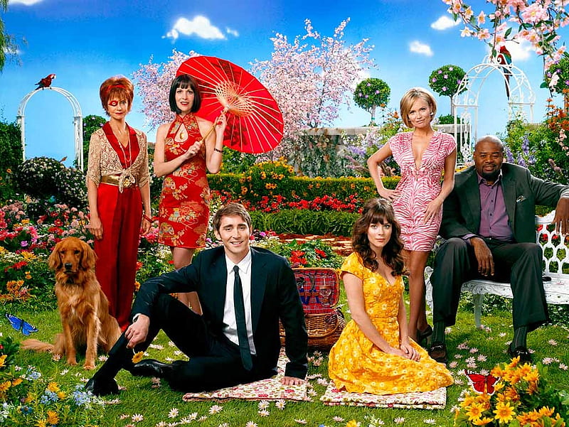 Pushing Daisies (TV Series 2007–2009), red, pushing daisies, lee pace, umbrella, yellow, man, woman, girl, green, actress, people, tv series, flower, actor, HD wallpaper