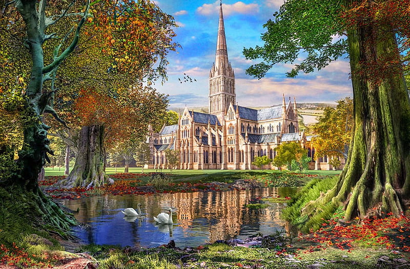 Salisbury Cathedral, swans, pond, england, digital, park, church, trees, artwork, HD wallpaper