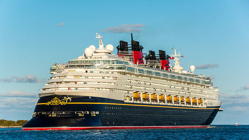 Large Black Cruise Ship With Red And Yellow Lines In Blue Sky Background Cruise Ship, HD wallpaper