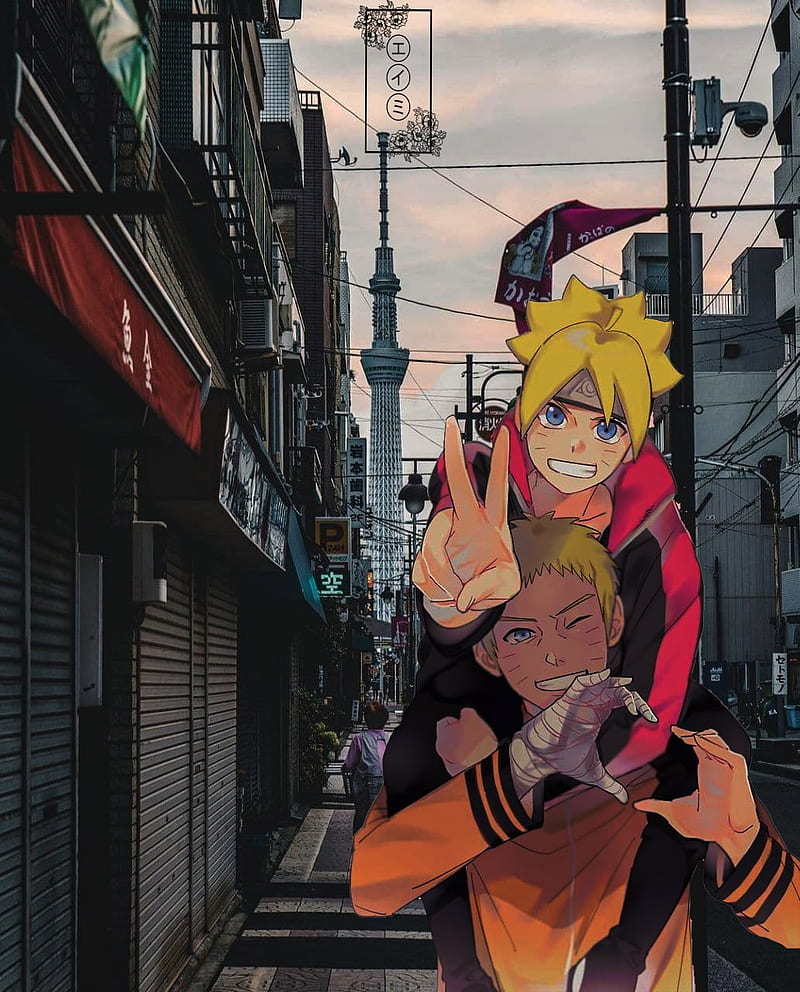 Boruto and Naruto, anime, anime art, boruto, children, city, father, kid, naruto, sunset, tokyo, HD phone wallpaper
