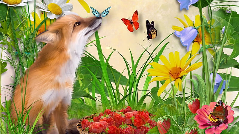 Fox in Berries, grass, butterflies, daisies, fox, berries, summer, flowers, strawberries, field, HD wallpaper