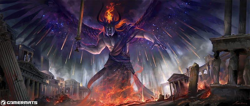 God of Death, fantasy, wings, luminos, purple, angel, man, sandara, fire, HD wallpaper