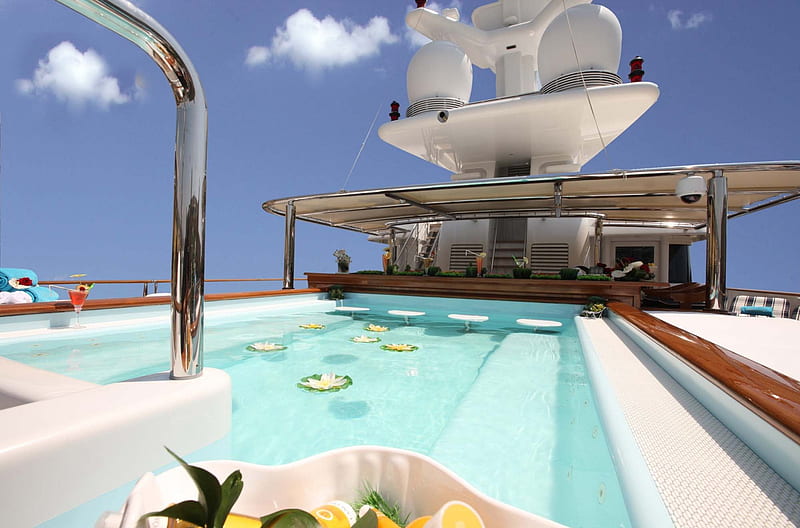 Luxury Yacht Pool, yacht, pool, boat, paradise, rich, flowers, jacuzzi, tropical, deck, swimming, millionaire, luxury, HD wallpaper