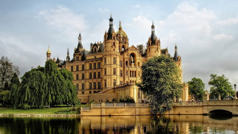 splendid schwerin castle grmany, trees, bridge, castle, lake, HD wallpaper