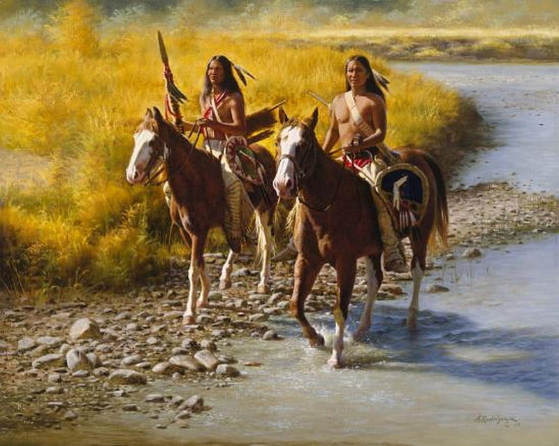 NATIVE AMERICAN.FOLLOWING THE RIVER, man, river, horse, native american, HD wallpaper