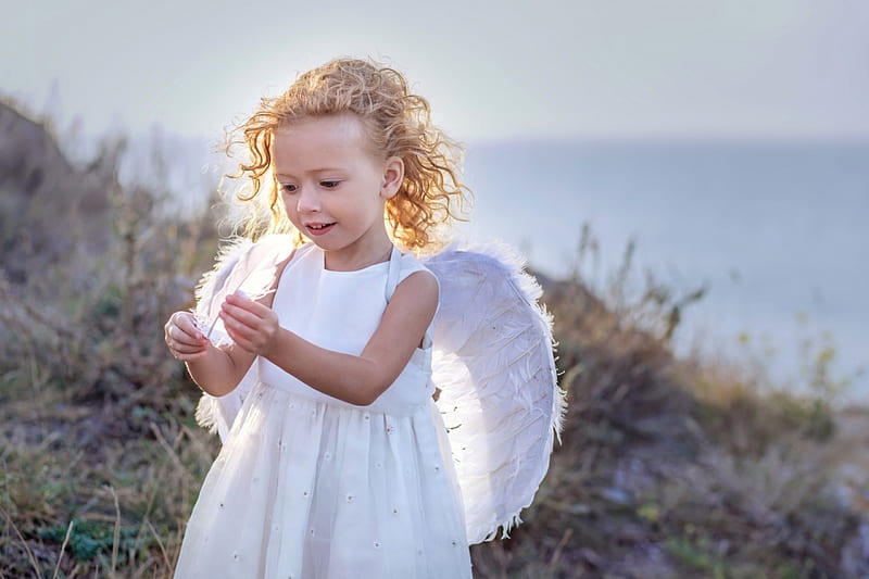Little angel, wings, angel, blonde, easter, cute, girl, feather, copil, child, white, HD wallpaper