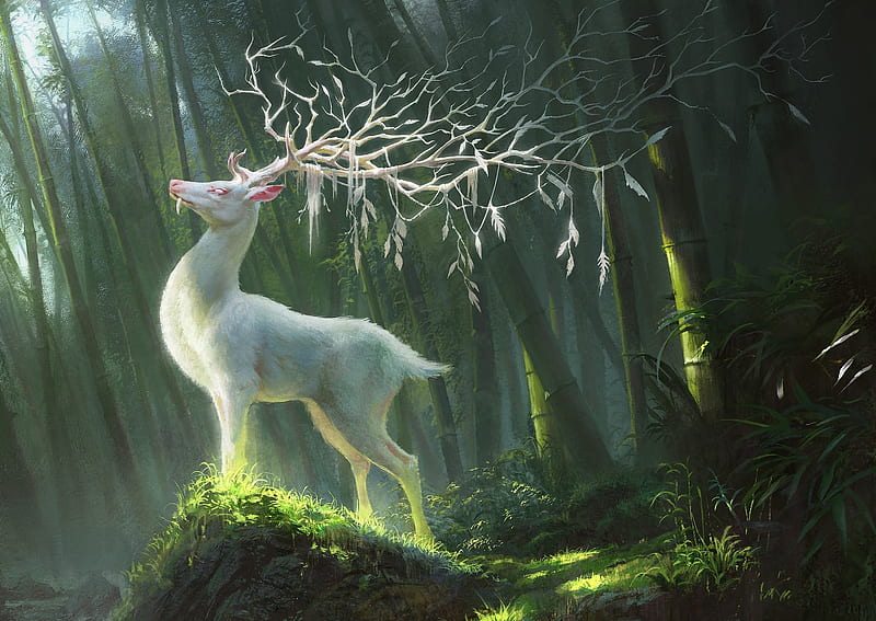 Fantasy deer, deer, horns, art, forest, green, luminos, white, HD wallpaper