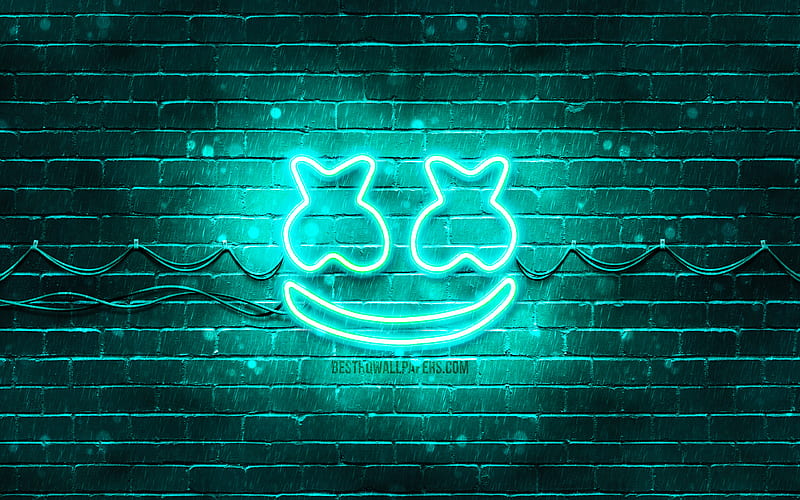 Marshmello turquoise logo superstars, american DJs, turquoise brickwall, Marshmello logo, Marshmello neon logo, DJ Marshmello, Christopher Comstock, music stars, HD wallpaper