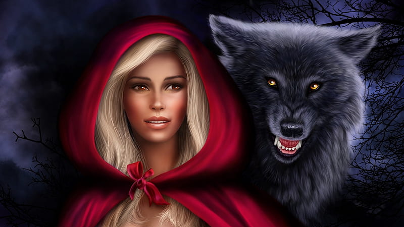 Red Riding Hood, red, alenaekaterinburg, black, blonde, woman, fantasy, girl, bad, fang, wolf, HD wallpaper