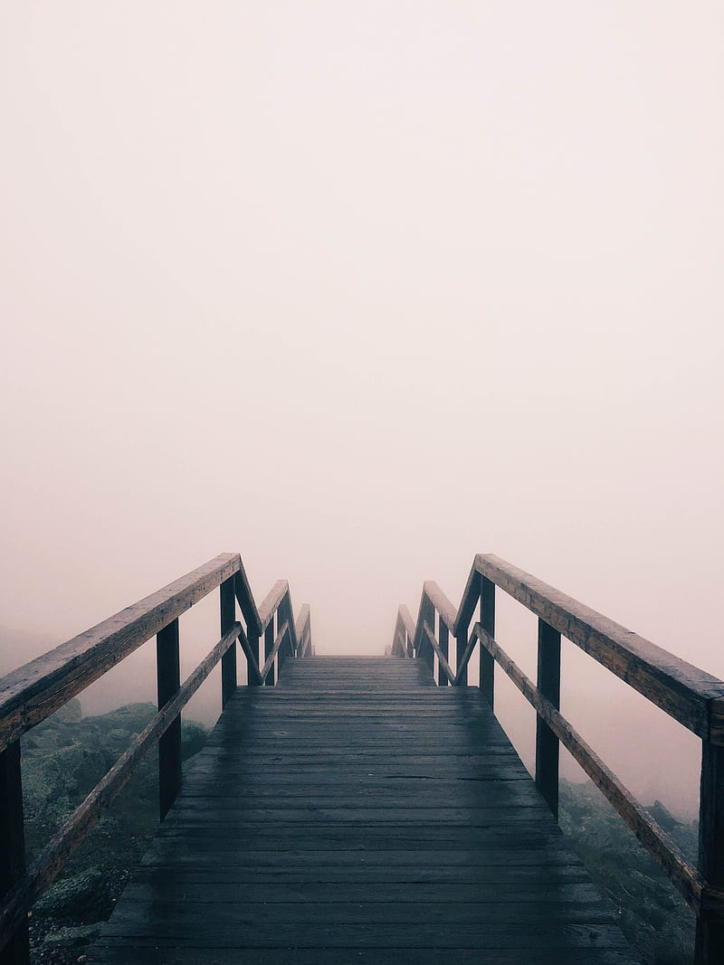 black wooden stairway covered with fog, HD phone wallpaper