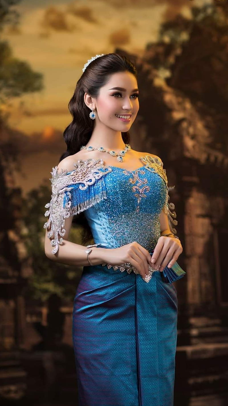 Thai girl, asian, bonito, blue, blue dress, charming, cute, fashion, gorgeous, pretty, HD phone wallpaper
