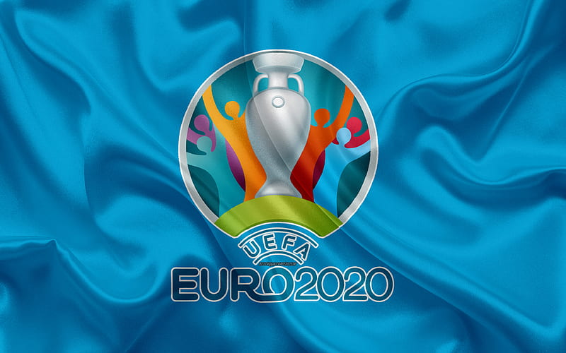 UEFA Euro 2020, logo silk texture, emblem, blue silk flag, European Football Championship 2020, 12 countries, HD wallpaper