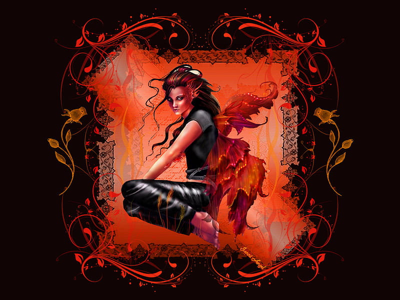 Fire Fairy, goth, fire, red, fairy, HD wallpaper