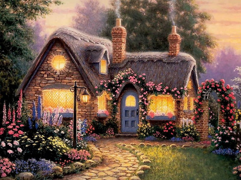 Cozy Cottage, flowers, path, garden, evening, artwork, lights, HD wallpaper