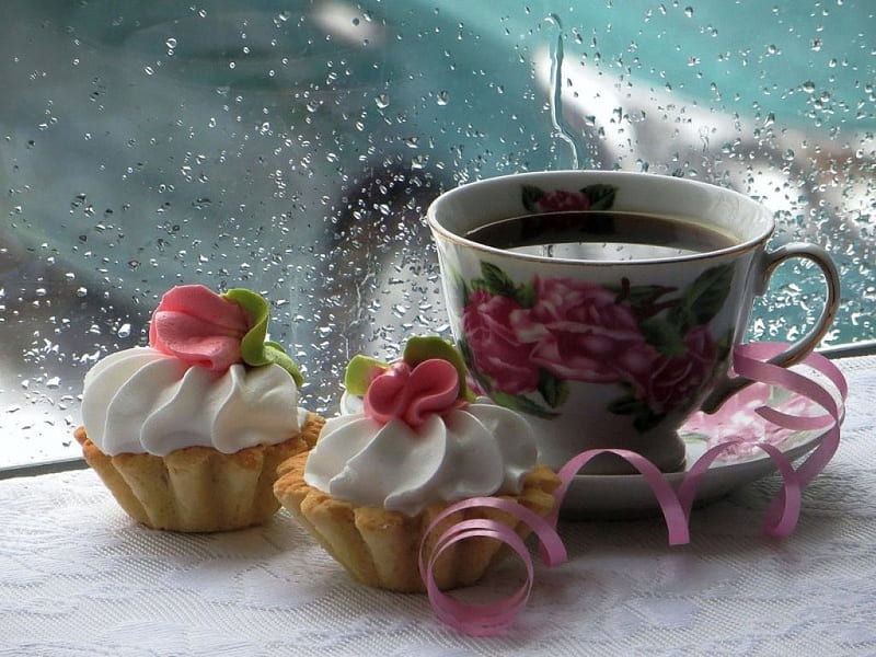 Hot tea and cake, cake, delicious, drops of rain, saucer, drinks, abstract, teatime, tea, floral, taste, cup, flower, hot, cream, porcelain, HD wallpaper