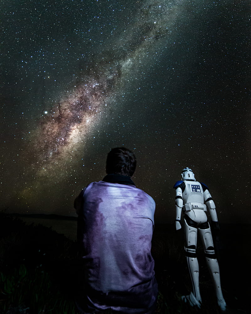 long exposure, Milky Way, light painting, landscape, figurines, Star Wars Heroes, clone trooper, Tasmania, HD mobile wallpaper