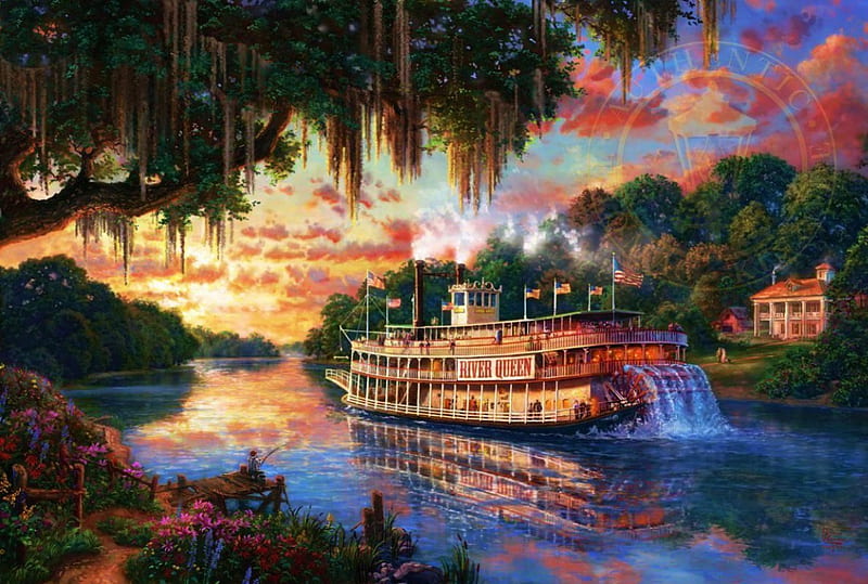 Thomas Kinkade - The River Queen, mississippi, house, sunset, trees, clouds, artwork, water, ship, painting, HD wallpaper