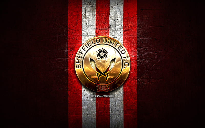 Sheffield United FC, golden logo, Premier League, red metal background, football, FC Sheffield United, english football club, Sheffield United logo, soccer, England, HD wallpaper