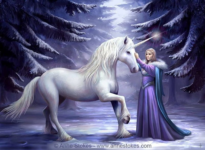 Girl and unicorn, art, anne stokes, luminos, purple, girl, unicorn, white, blue, fantasy, HD wallpaper