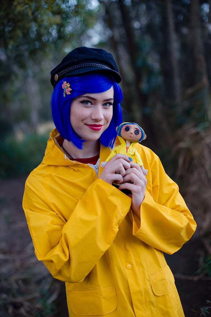 Nichameleon, women, model, blue hair, dyed hair, blue eyes, looking at viewer, red lipstick, cosplay, jacket, yellow jacket, berets, doll, forest, outdoors, depth of field, portrait display, smiling, women outdoors, HD phone wallpaper