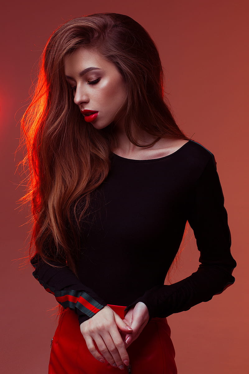women, red lipstick, model, long hair, red skirt, HD phone wallpaper