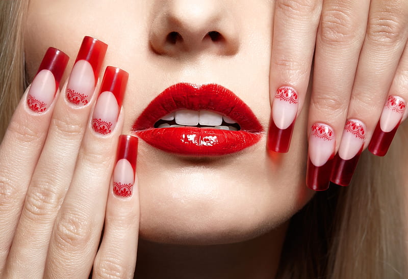 Red, manicure, hand, face, nails, lips, woman, HD wallpaper