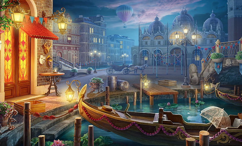 Venice, fantasy, water, boat, umbrella, night, world, game art studio, luminos, light, HD wallpaper