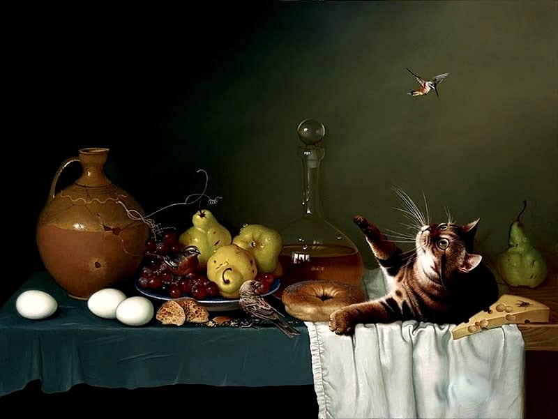 Fascination, table, pasty, white fabric, bread, birds, hummingbird, cat, fruit, grapes, pears, cheese, eggs, urn, sparrow, decanter, HD wallpaper